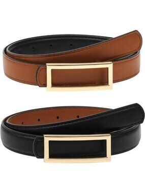 Women Black/Brown Reversible  Leather Skinny Belt with Golden Buckle for Jean